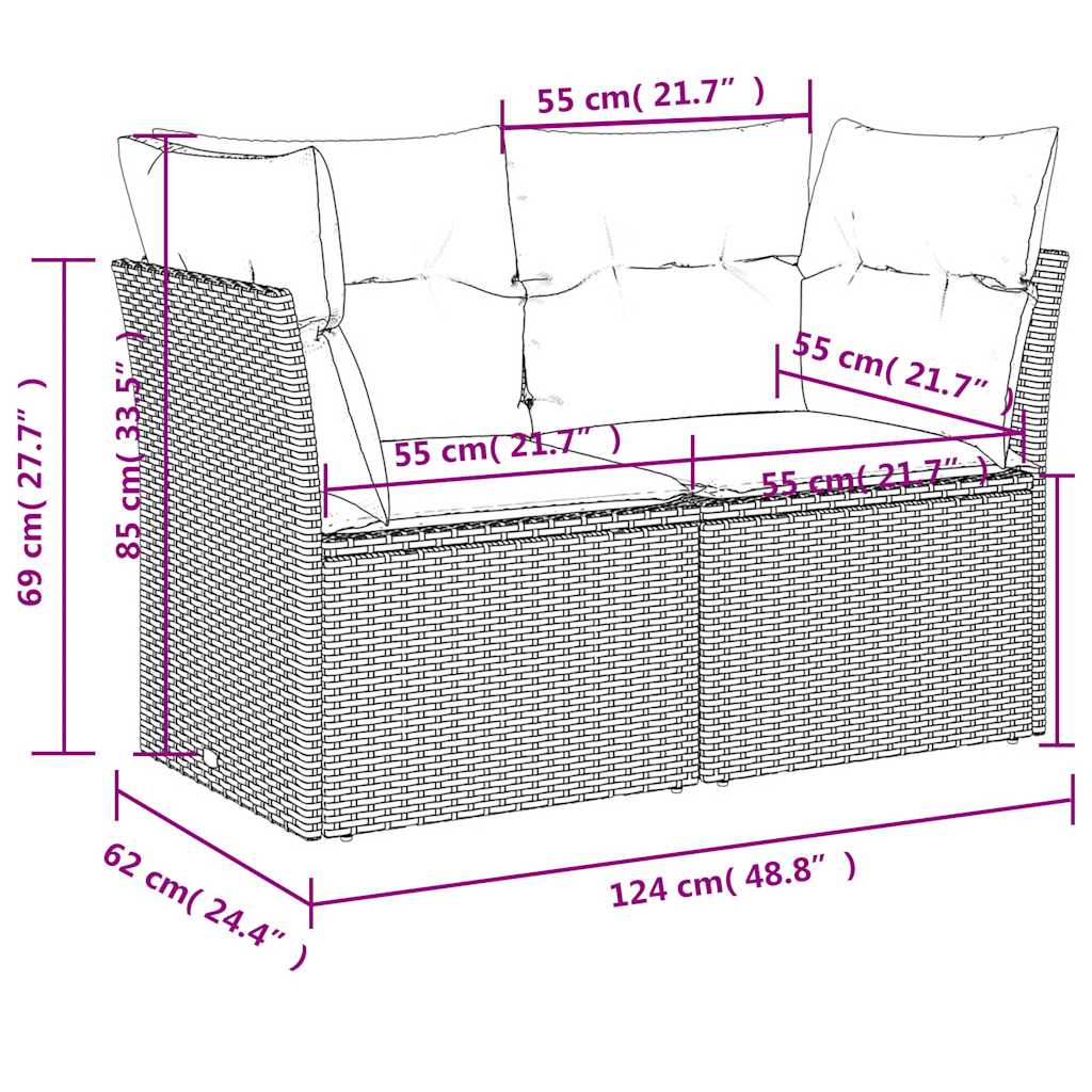 2-personers havesofa med hynder polyrattan brun