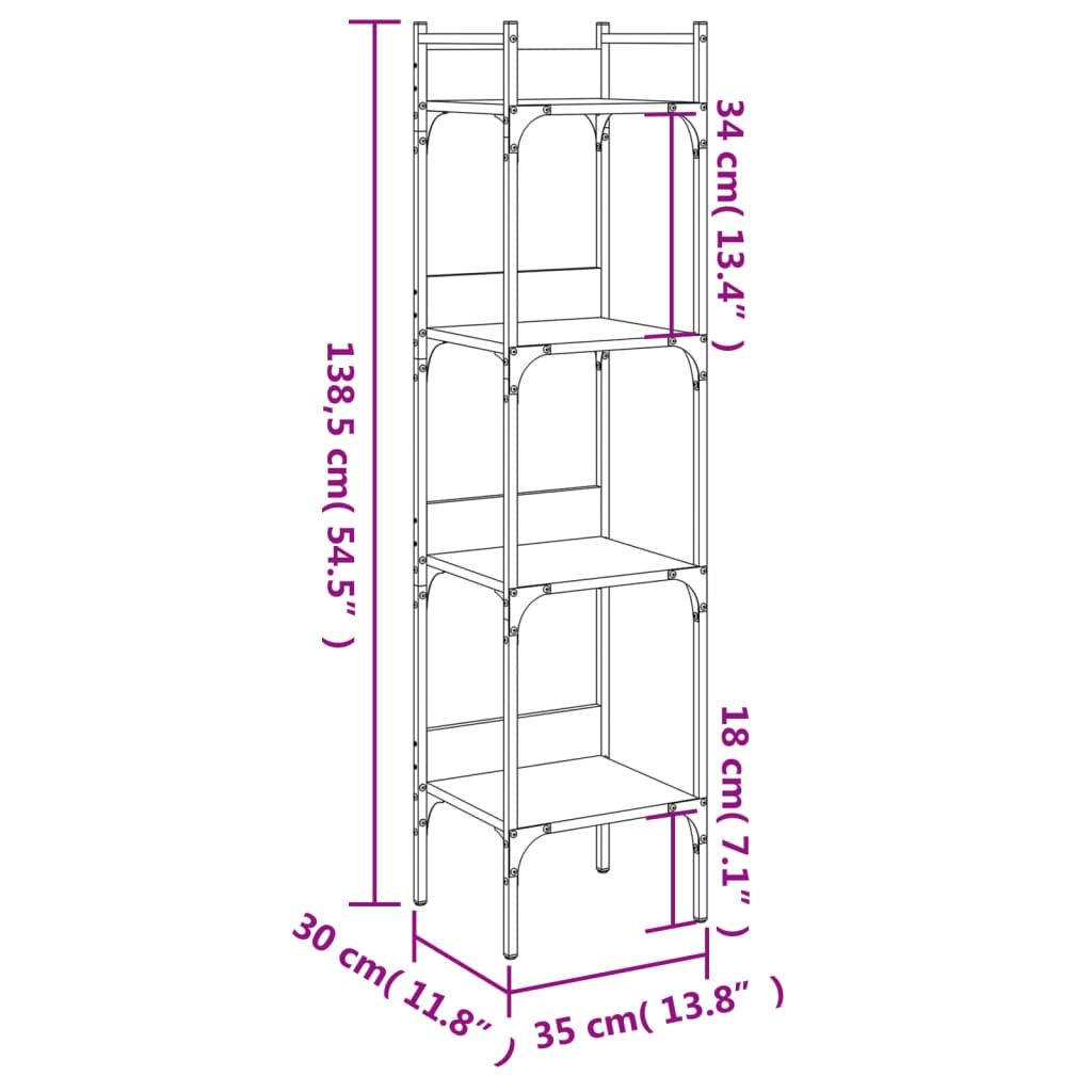 bogreol med 4 hylder 35x30x138,5 cm konstrueret træ røget eg