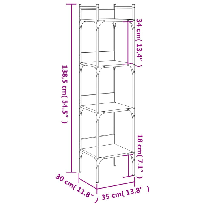 bogreol med 4 hylder 35x30x138,5 cm konstrueret træ røget eg