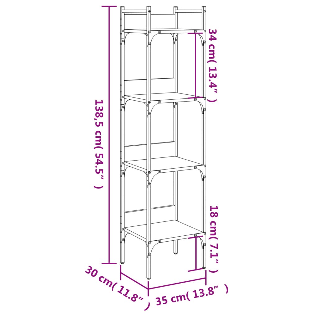 bogreol 35x30x138,5 cm 4 hylder konstrueret træ brunt egetræ