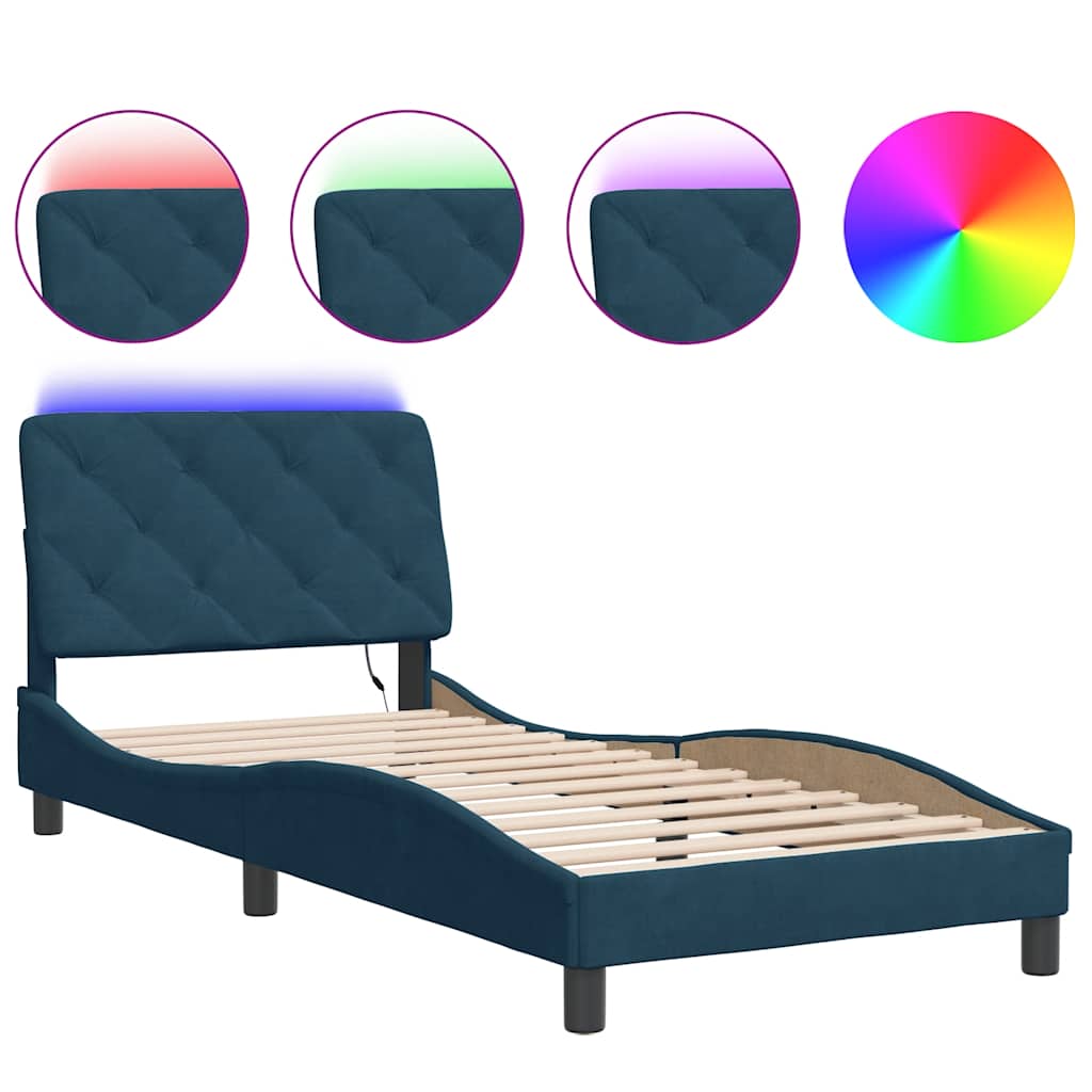 sengeramme med LED uden madras 90x190 cm velour blå