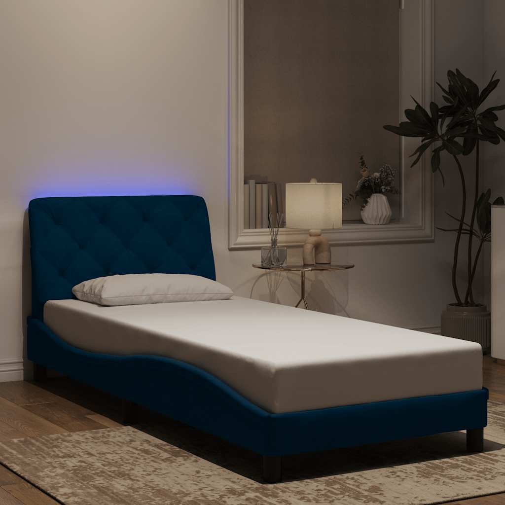 sengeramme med LED uden madras 90x190 cm velour blå
