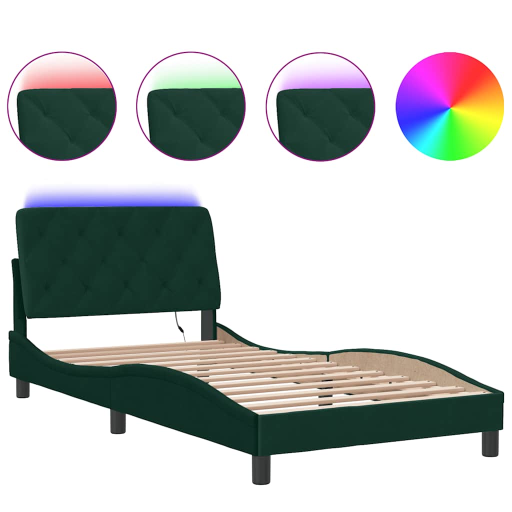 sengeramme med LED uden madras 100x200 cm velour mørkegrøn