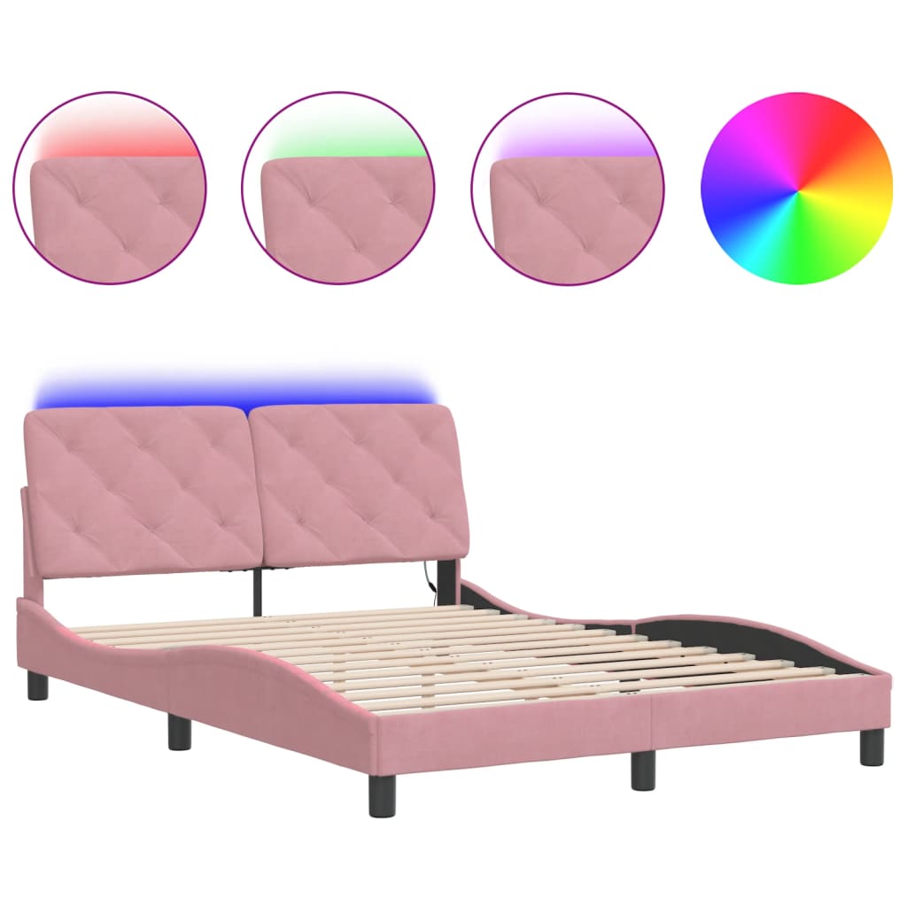 sengeramme med LED uden madras 140x190 cm velour pink