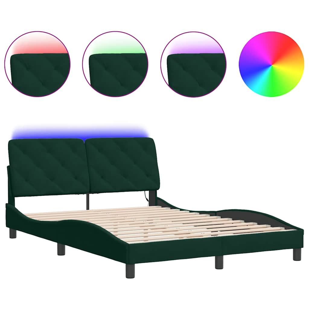 sengeramme med LED uden madras 140x200 cm velour mørkegrøn