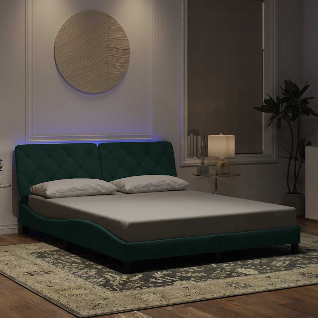 sengeramme med LED uden madras 160x200 cm velour mørkegrøn