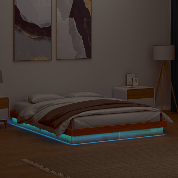 sengeramme med LED-lys 150x200 cm massivt fyrretræ gyldenbrun