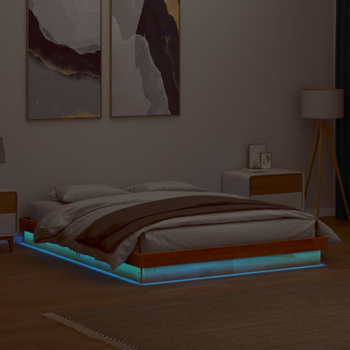 sengeramme med LED-lys 160x200 cm massivt fyrretræ gyldenbrun