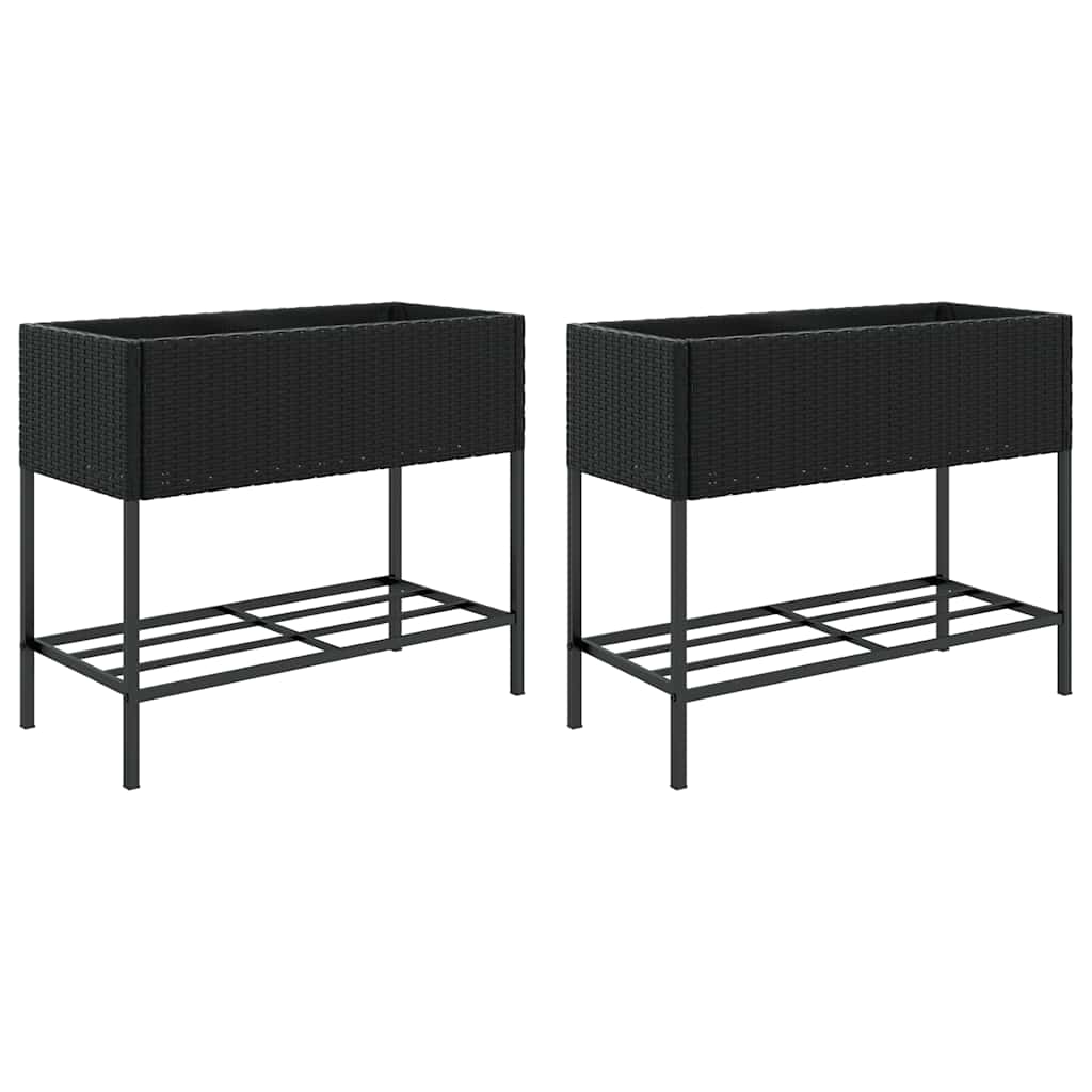 plantekasser 2 stk. med hylde 90x40x75 cm polyrattan sort