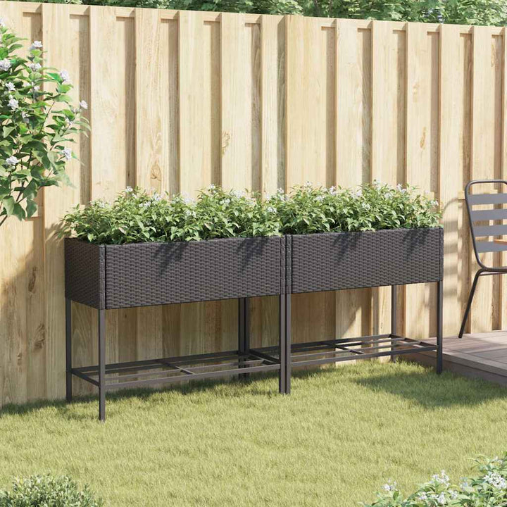 plantekasser 2 stk. med hylde 90x40x75 cm polyrattan sort