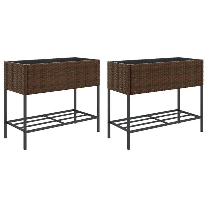 plantekasser 2 stk. med hylde 90x40x75 cm polyrattan brun