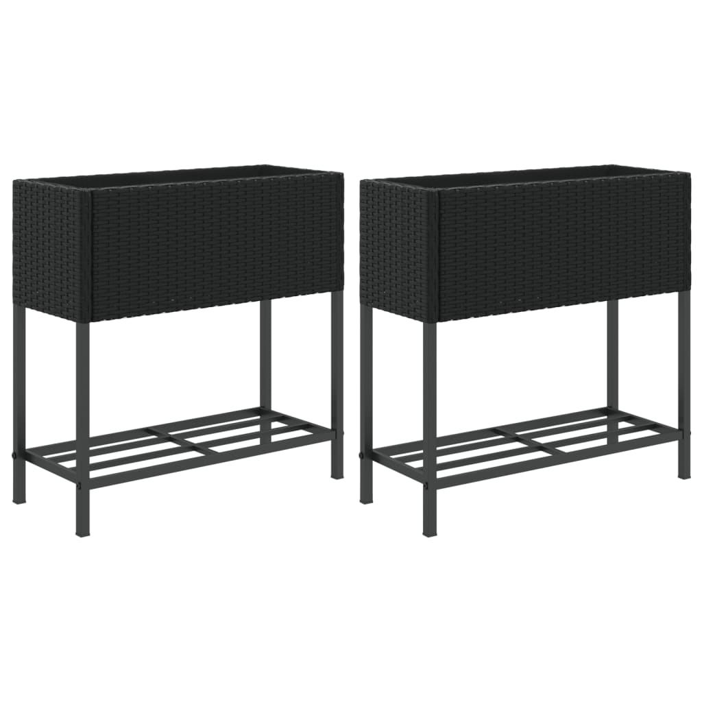 plantekasser 2 stk. med hylde 70x28x70 cm polyrattan sort