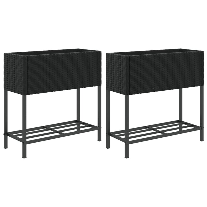 plantekasser 2 stk. med hylde 70x28x70 cm polyrattan sort