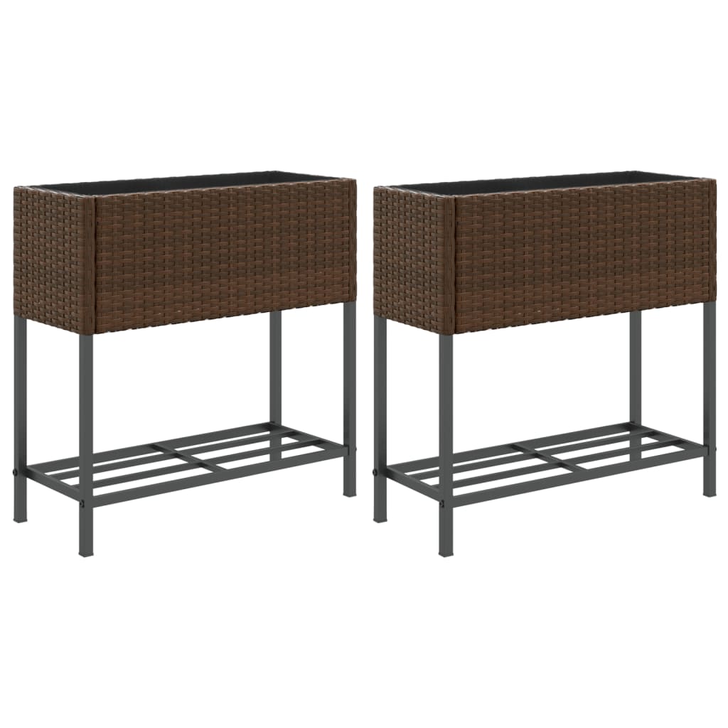 plantekasser 2 stk. med hylde 70x28x70 cm polyrattan brun