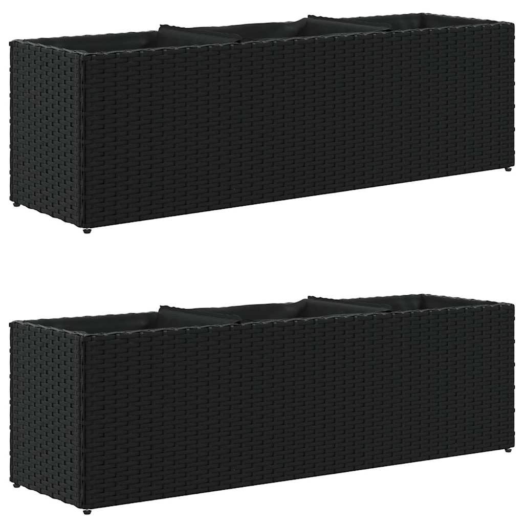 plantekasser 2 stk. med 3 potter 105x30x32 cm polyrattan sort