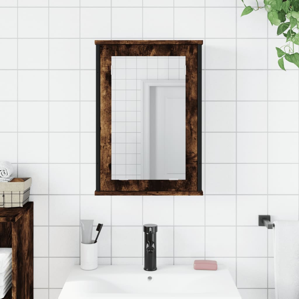 badeværelsesskab med spejl 42x12x60 cm konstrueret træ røget eg