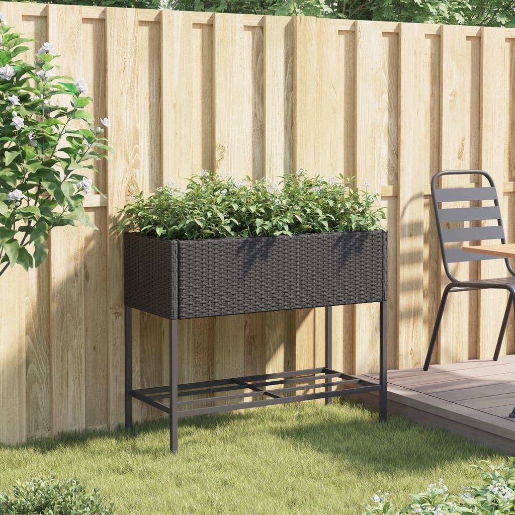 plantekasse med hylde polyrattan sort