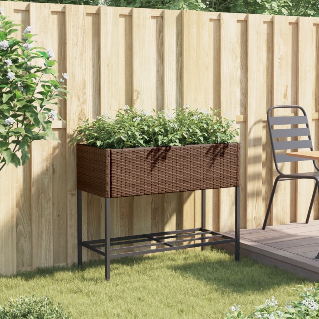 plantekasse med hylde polyrattan brun