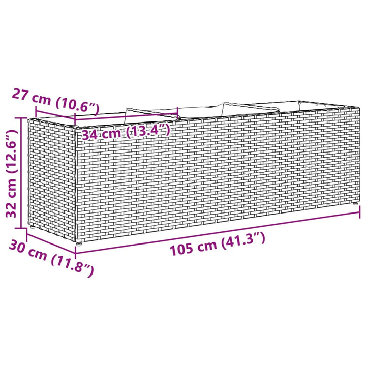 plantekasse med 3 krukker 105x30x32 cm polyrattan sort