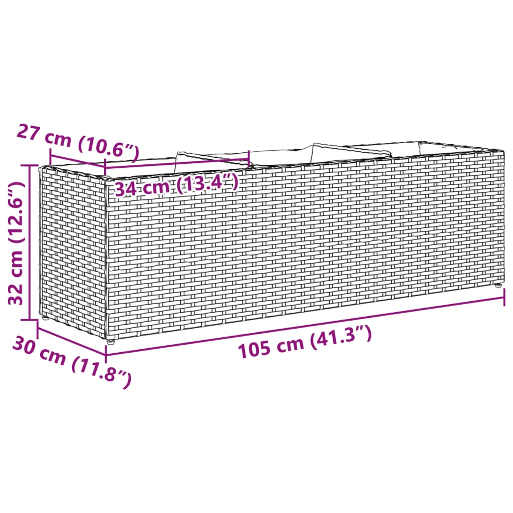 plantekasse med 3 krukker 105x30x32 cm polyrattan grå