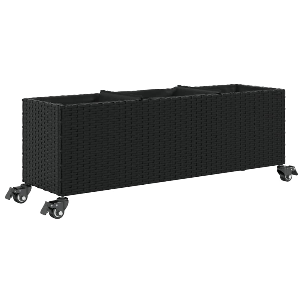 plantekasse med hjul og 3 krukker 107x32x38 cm polyrattan sort