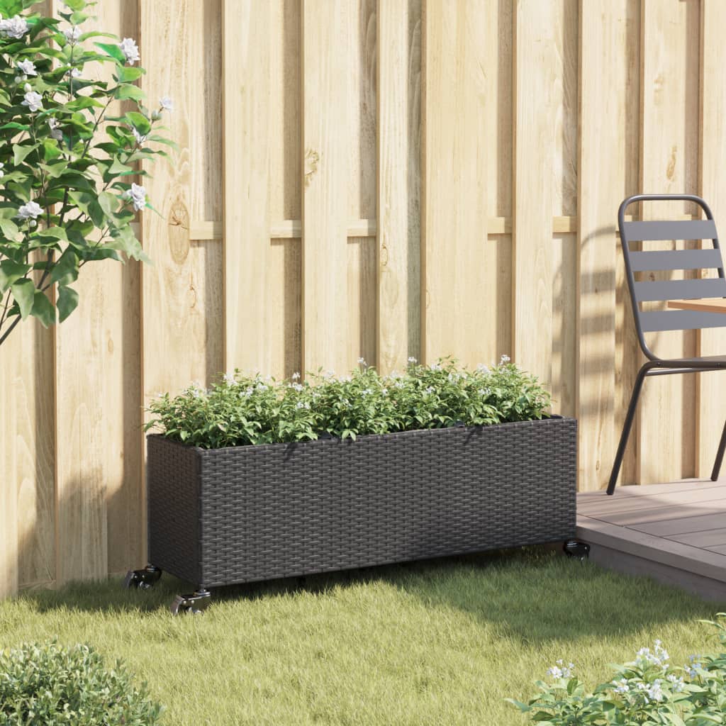 plantekasse med hjul og 3 krukker 107x32x38 cm polyrattan sort