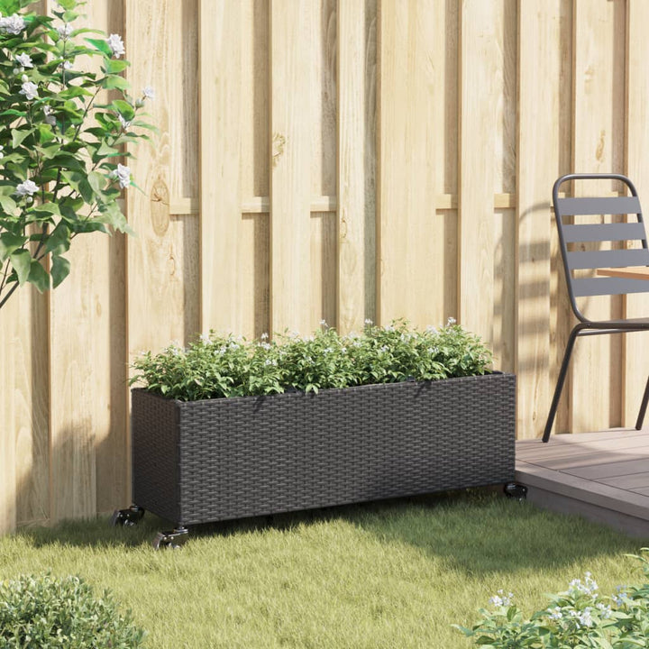 plantekasse med hjul og 3 krukker 107x32x38 cm polyrattan sort