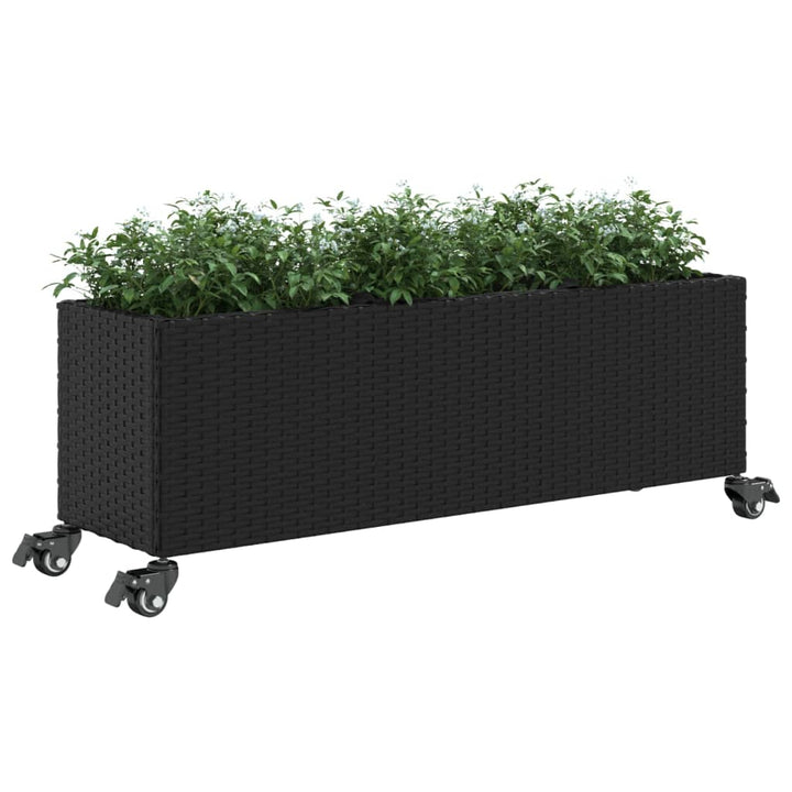 plantekasse med hjul og 3 krukker 107x32x38 cm polyrattan sort