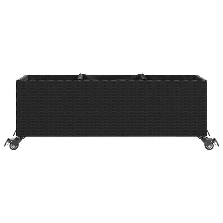 plantekasse med hjul og 3 krukker 107x32x38 cm polyrattan sort