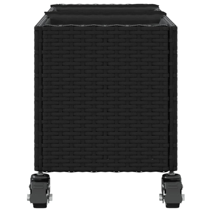 plantekasse med hjul og 3 krukker 107x32x38 cm polyrattan sort