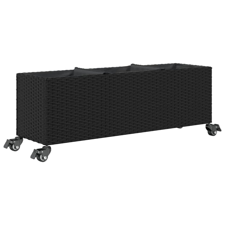 plantekasse med hjul og 3 krukker 107x32x38 cm polyrattan sort