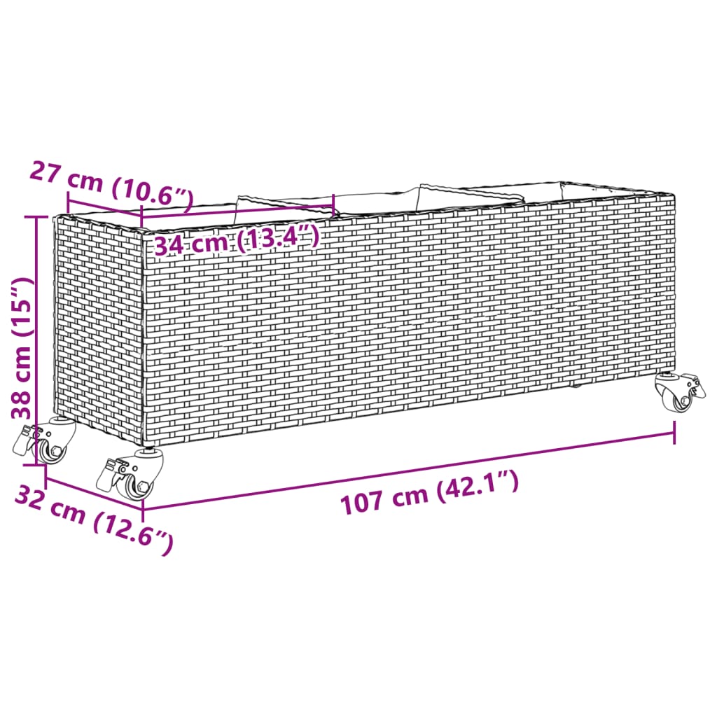 plantekasse med hjul og 3 krukker 107x32x38 cm polyrattan sort