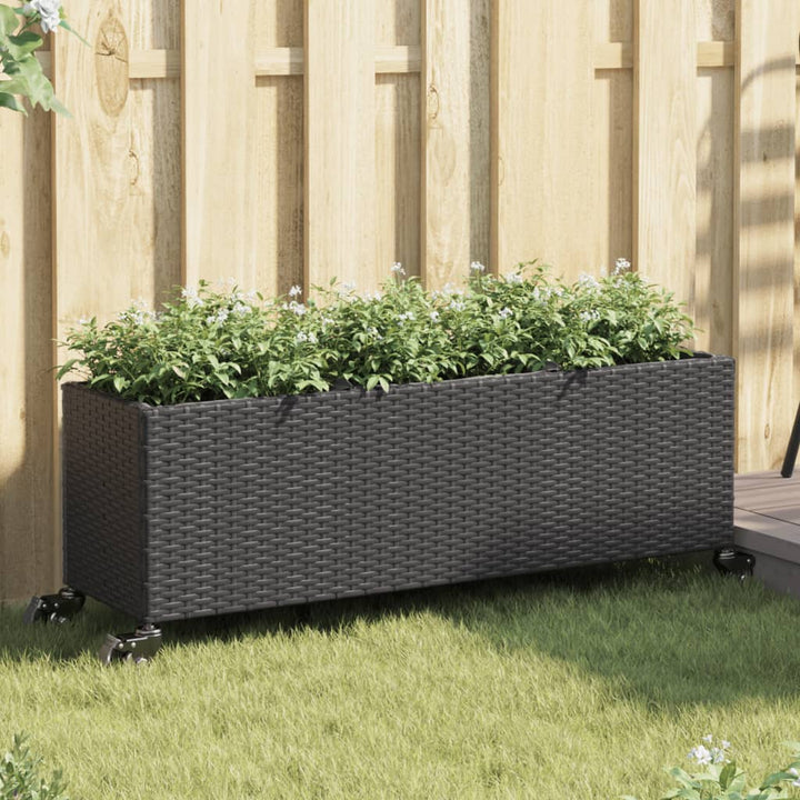 plantekasse med hjul og 3 krukker 107x32x38 cm polyrattan sort