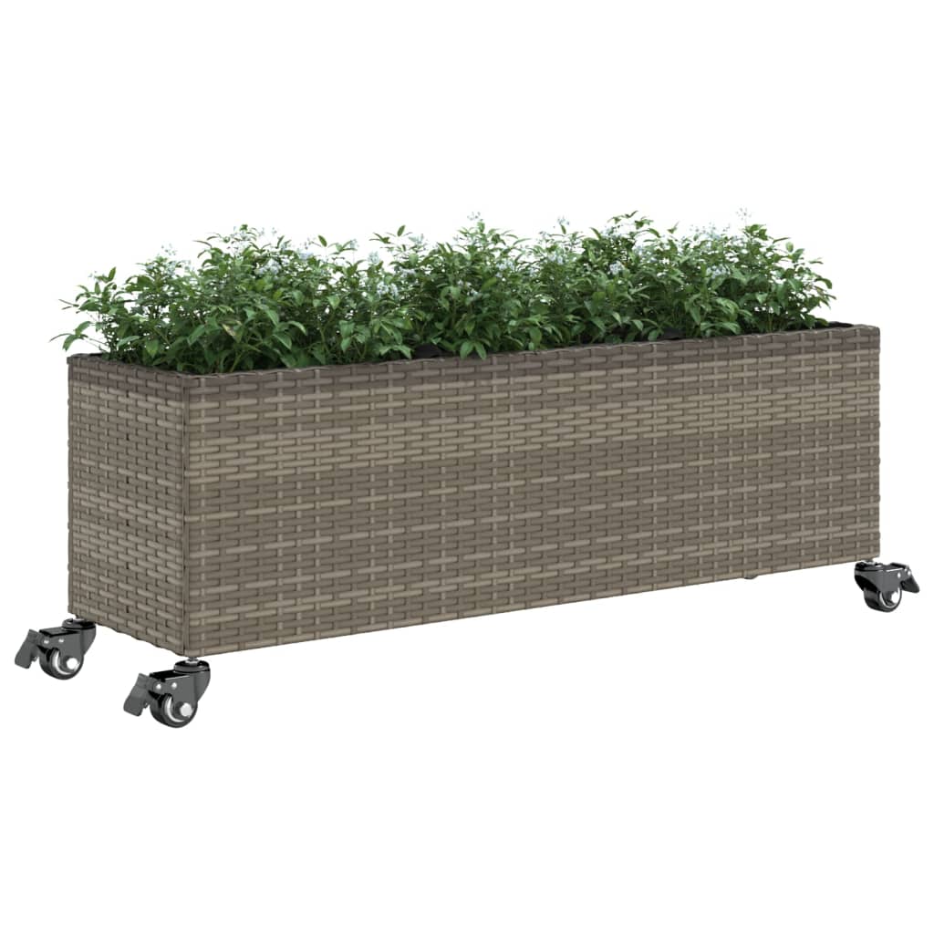 plantekasse med hjul og 3 krukker 107x32x38 cm polyrattan grå
