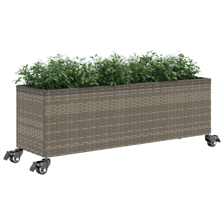 plantekasse med hjul og 3 krukker 107x32x38 cm polyrattan grå