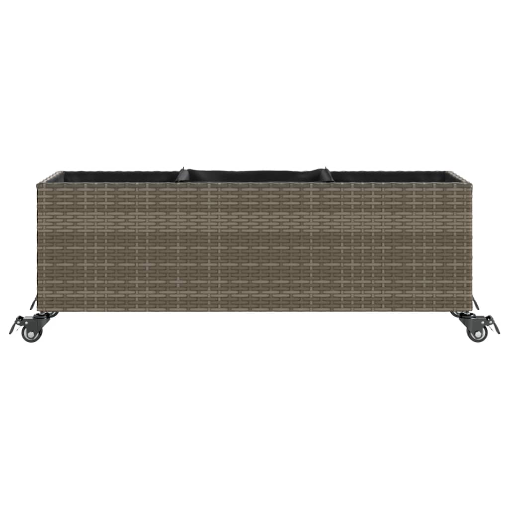 plantekasse med hjul og 3 krukker 107x32x38 cm polyrattan grå