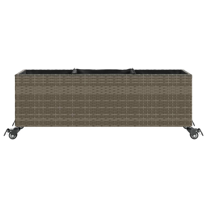 plantekasse med hjul og 3 krukker 107x32x38 cm polyrattan grå