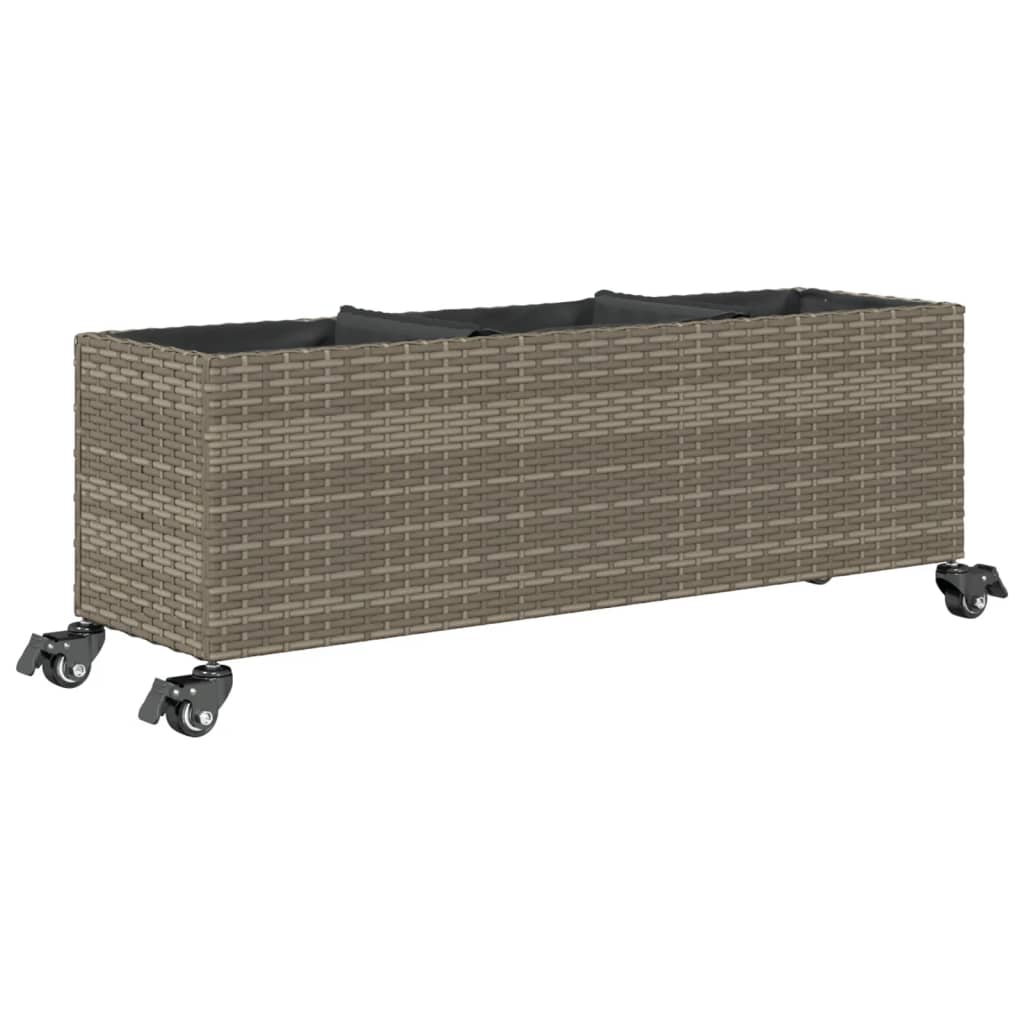 plantekasse med hjul og 3 krukker 107x32x38 cm polyrattan grå