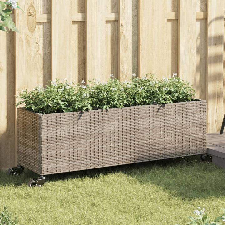 plantekasse med hjul og 3 krukker 107x32x38 cm polyrattan grå