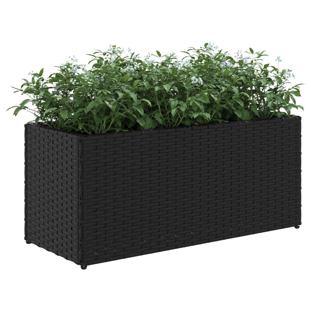 plantekasse med hjul og 2 krukker 72x30x32 cm polyrattan sort