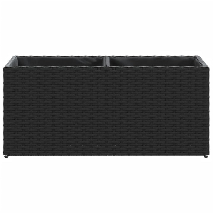 plantekasse med hjul og 2 krukker 72x30x32 cm polyrattan sort