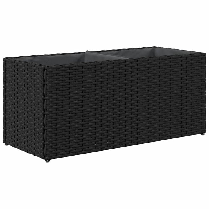 plantekasse med hjul og 2 krukker 72x30x32 cm polyrattan sort