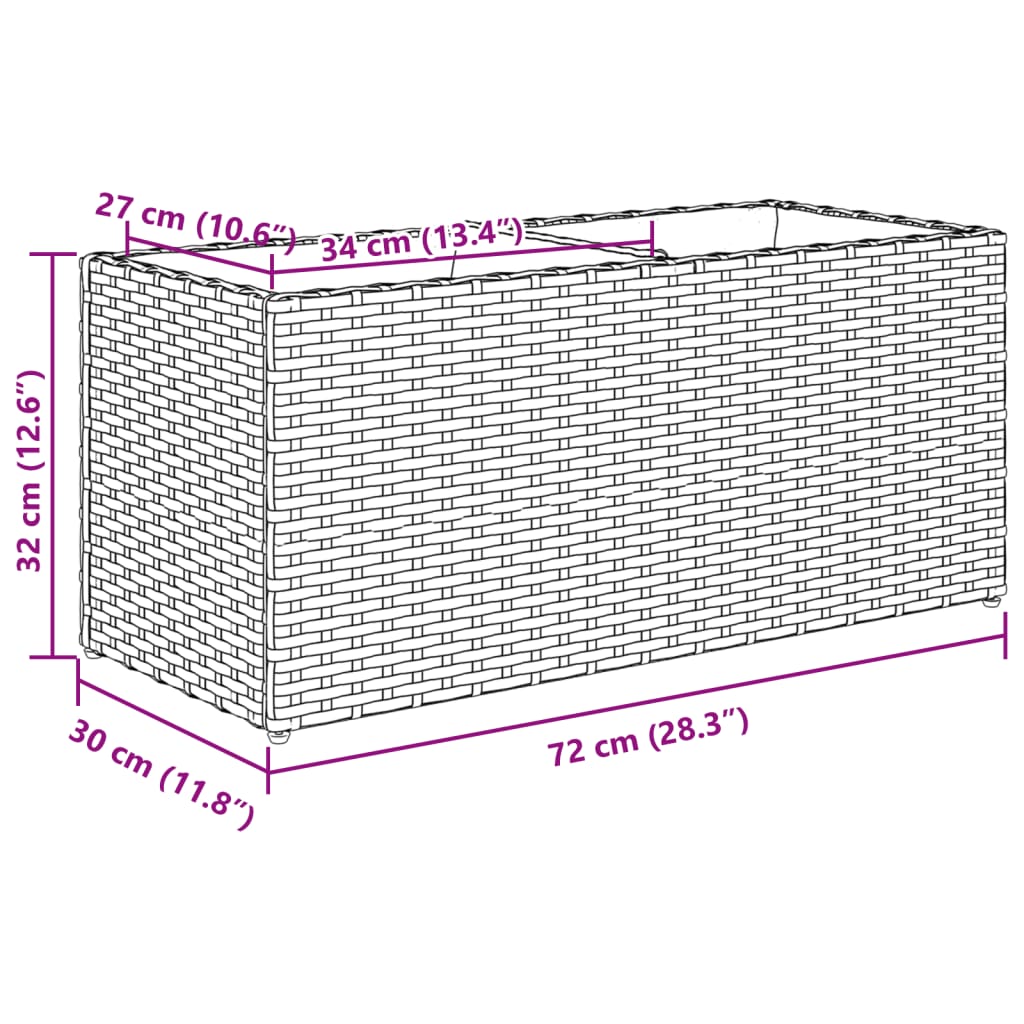 plantekasse med hjul og 2 krukker 72x30x32 cm polyrattan sort
