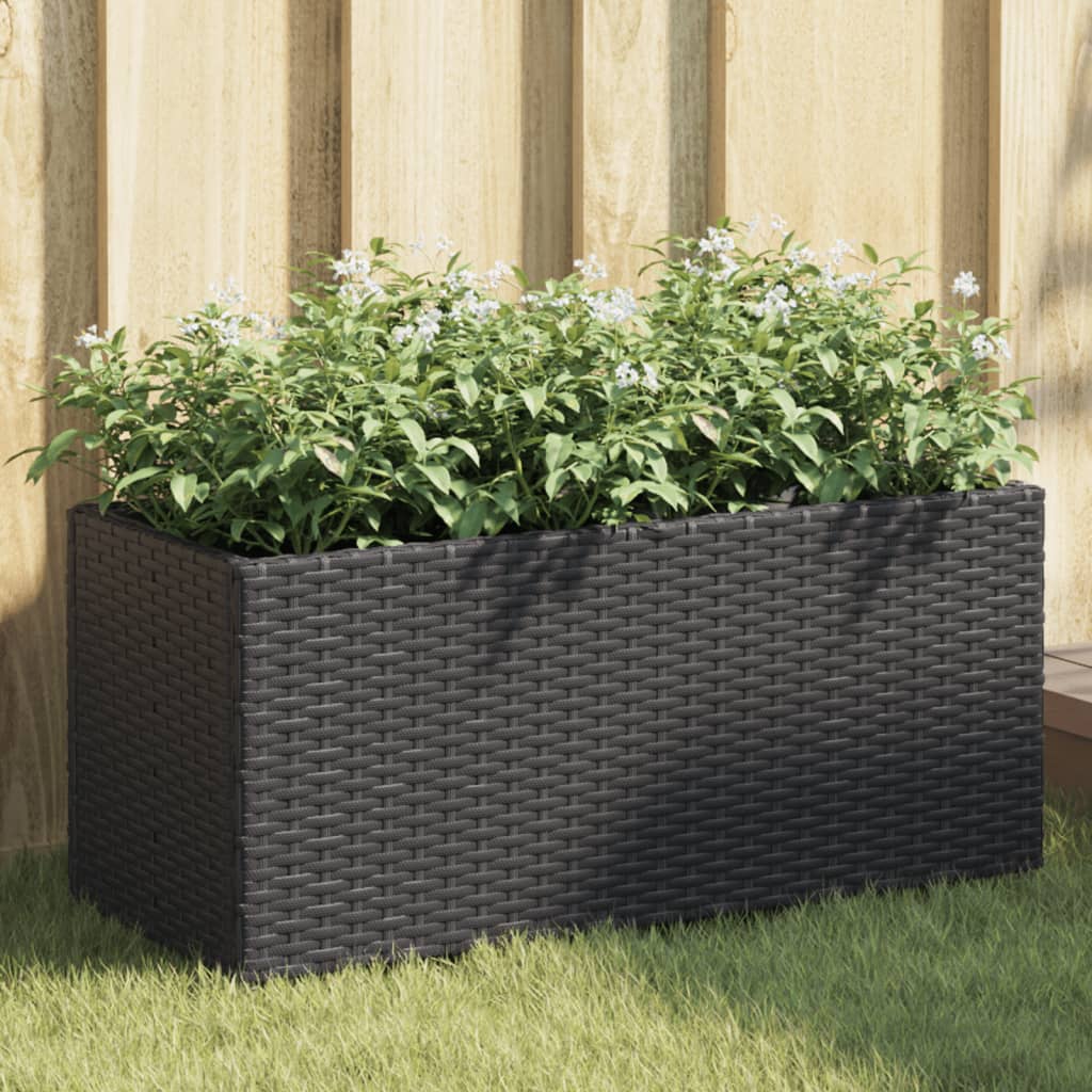plantekasse med hjul og 2 krukker 72x30x32 cm polyrattan sort
