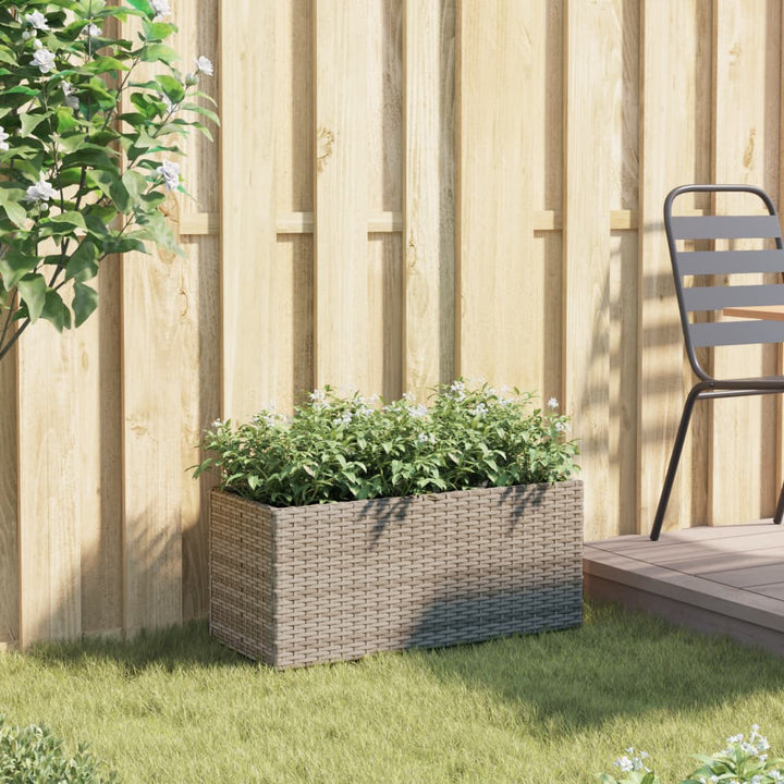 plantekasse med hjul og 2 krukker 72x30x32 cm polyrattan grå