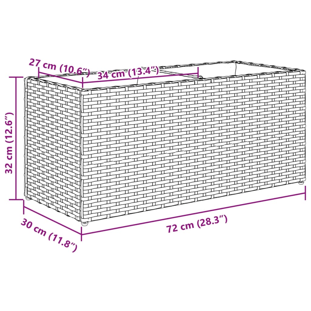 plantekasse med hjul og 2 krukker 72x30x32 cm polyrattan grå