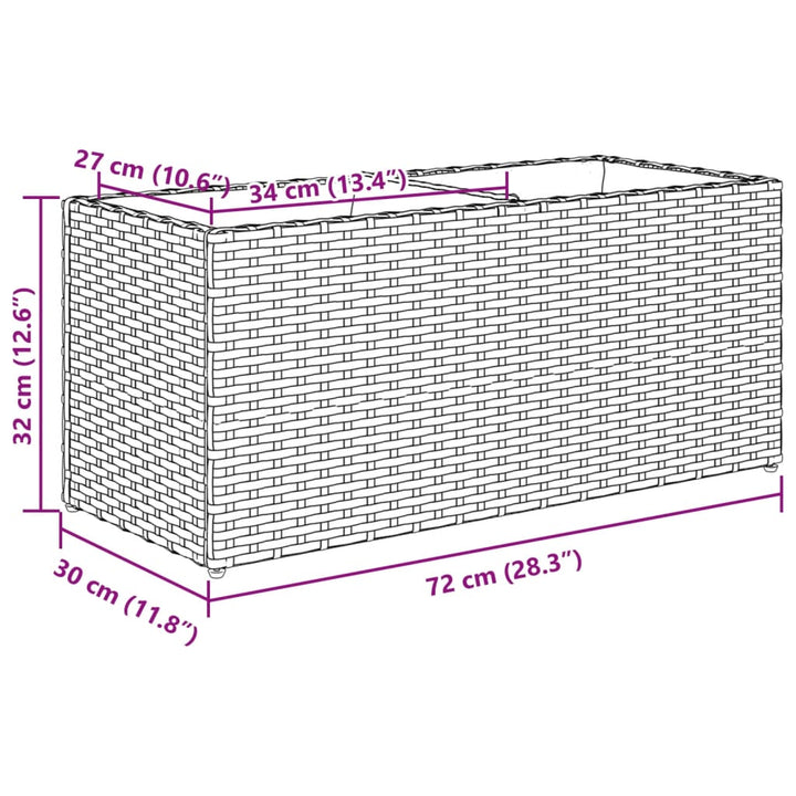 plantekasse med hjul og 2 krukker 72x30x32 cm polyrattan grå