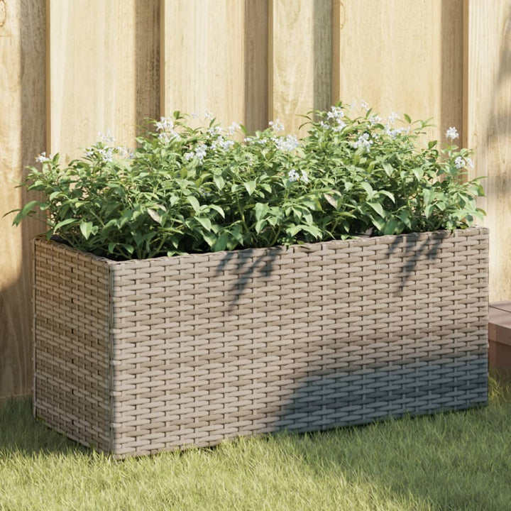 plantekasse med hjul og 2 krukker 72x30x32 cm polyrattan grå