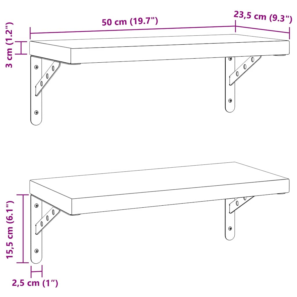 væghylder 2 stk. 50x23,5 cm rustfrit stål sort