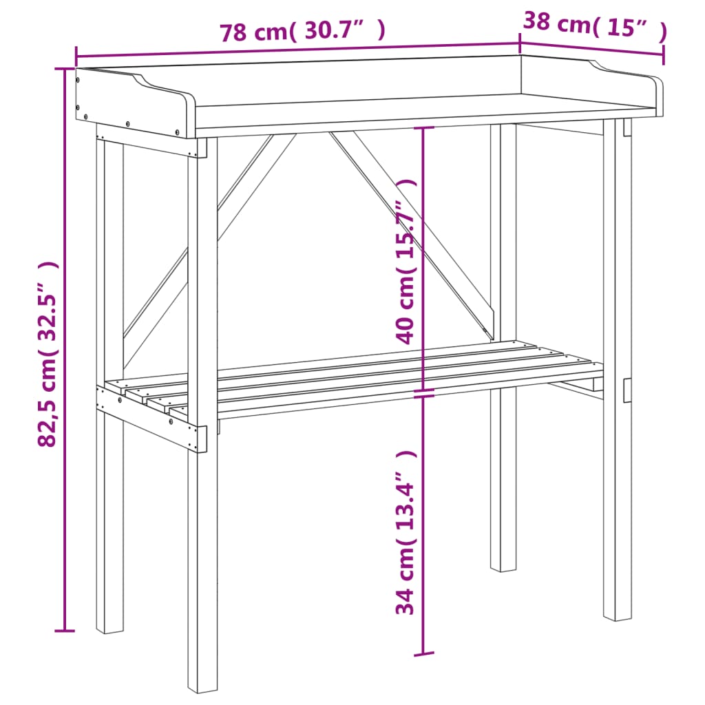 plantebord med hylde 78x38x82,5 cm massivt grantræ brun